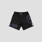 Black athletic shorts with a subtle tonal pattern, featuring purple gothic 'Freshly Baked' text on the left leg and a large matching purple graphic on the right leg, shown against a light gray background.