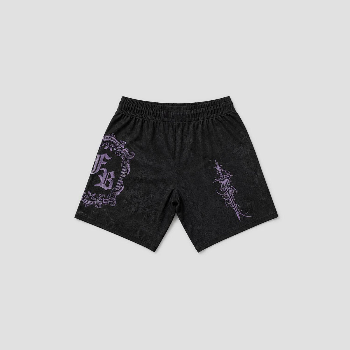 Black athletic shorts with purple graphic prints, featuring a decorative crest with the letters 'FB' on the left leg and a gothic dagger design on the right leg, shown against a light gray background.