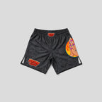Black acid-wash athletic shorts with red and orange graphics, including 'FRESHLY BAKED' text and a hand illustration with flames, shown on a light gray background.
