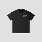 A black short-sleeve crewneck t-shirt with a colorful retro-style graphic on the left chest reading 'Freshly Baked' in pink, blue, and white, displayed on a light gray background.