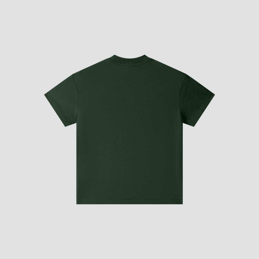 A dark forest green short-sleeve t-shirt shown from the back, centered on a light gray background.