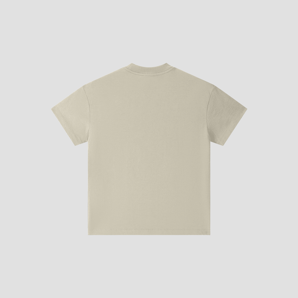 A plain short-sleeve crewneck t-shirt in a light cream or off-white color, shown from the back against a solid light gray background.