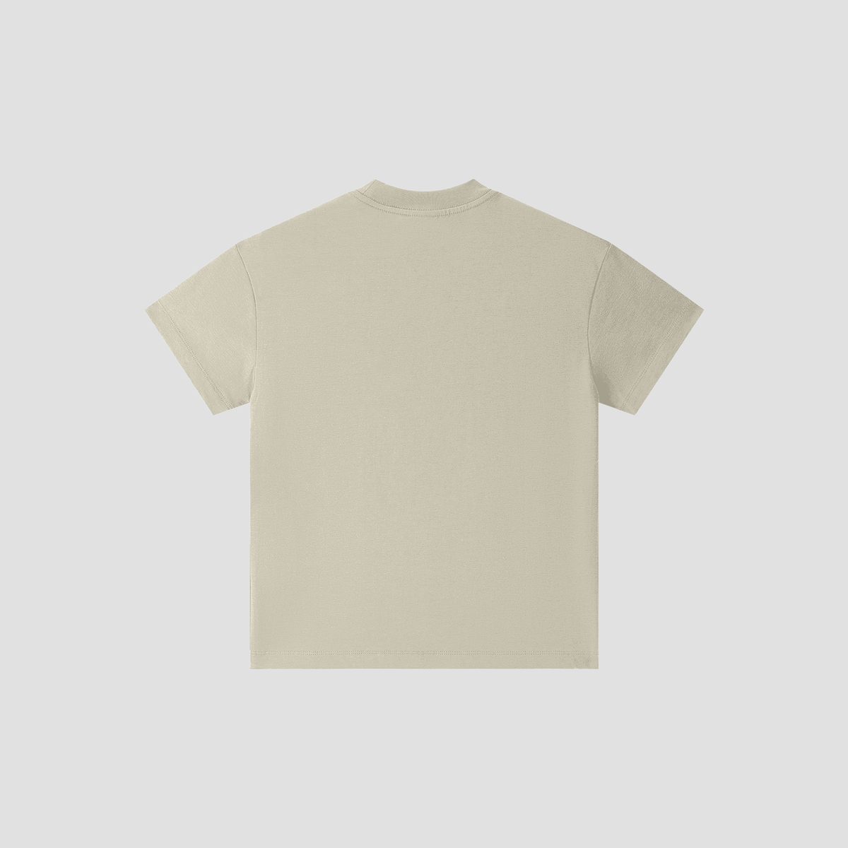A plain short-sleeve crewneck t-shirt in a light cream or off-white color, shown from the back against a solid light gray background.