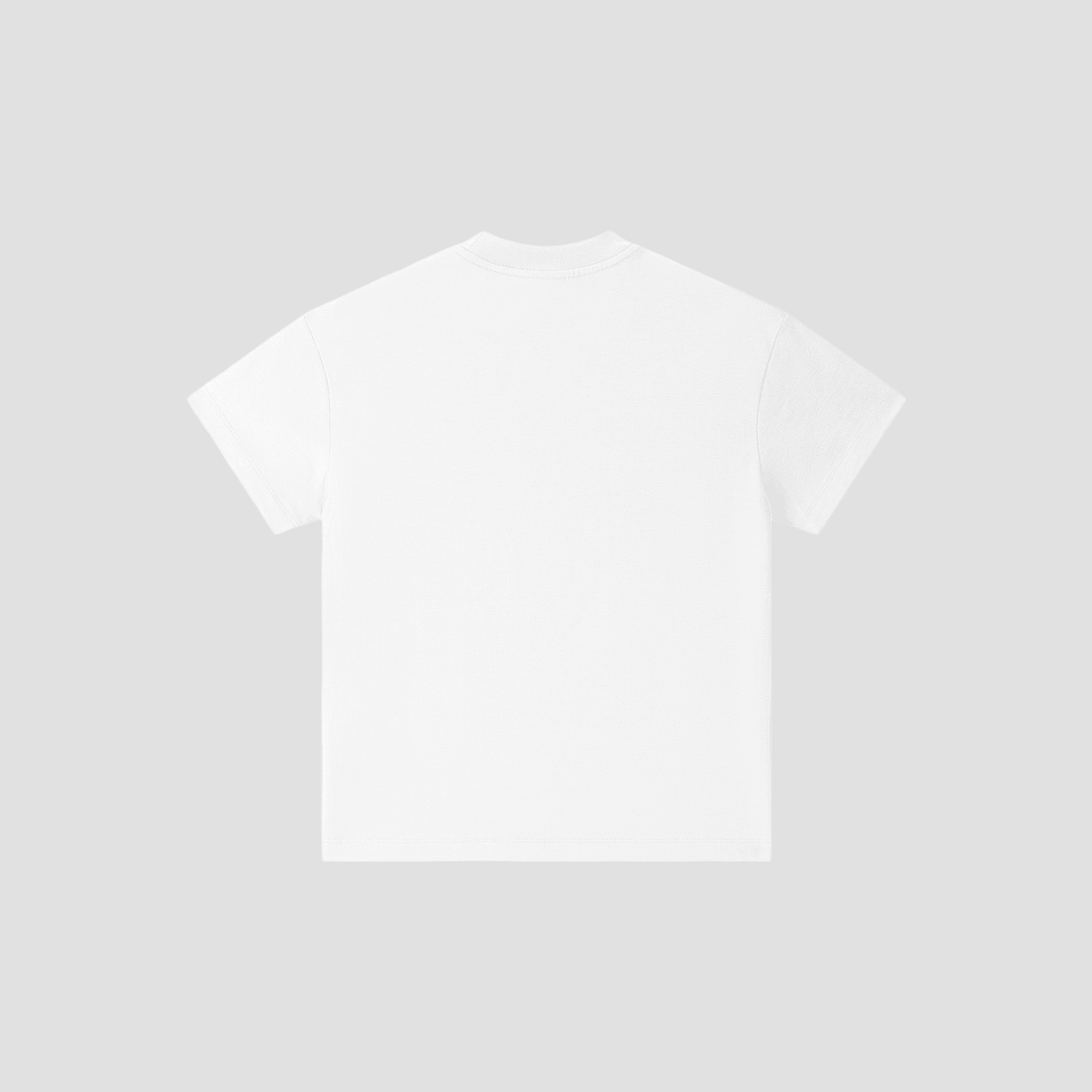 A plain white short-sleeve crewneck t-shirt shown from the back, centered on a light gray background.