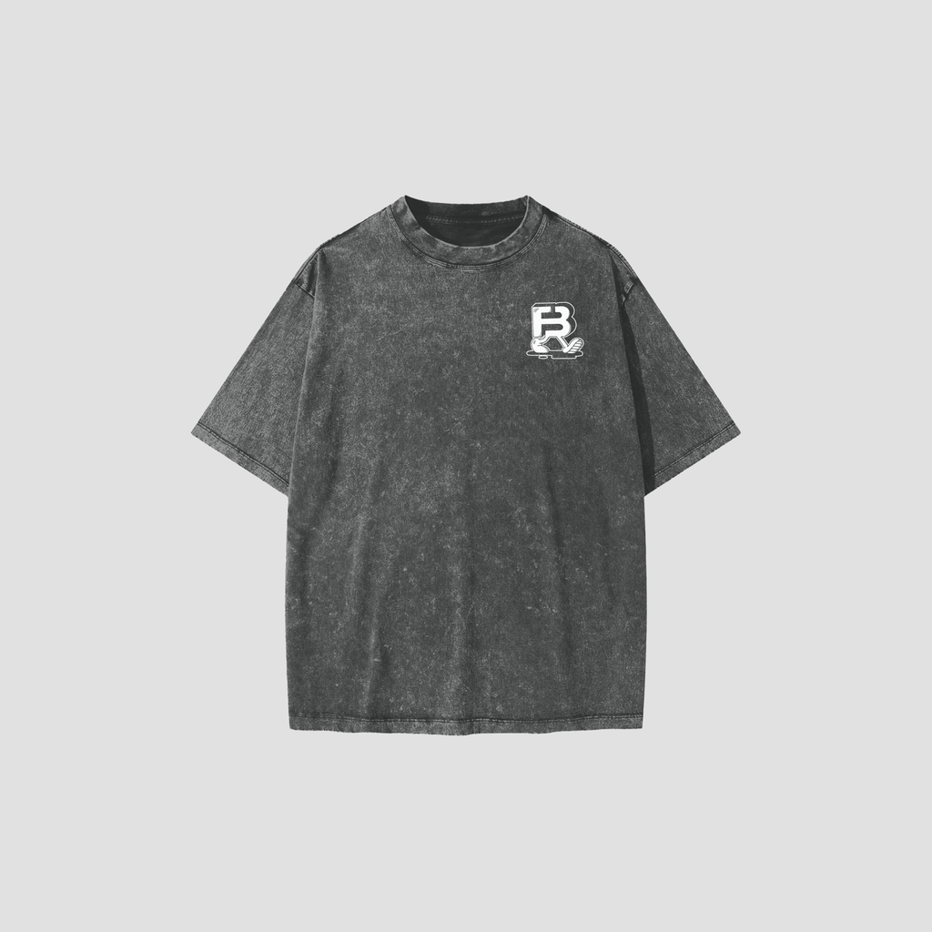 A dark gray acid-wash t-shirt with a small white graphic logo on the left chest, displayed against a solid light gray background.