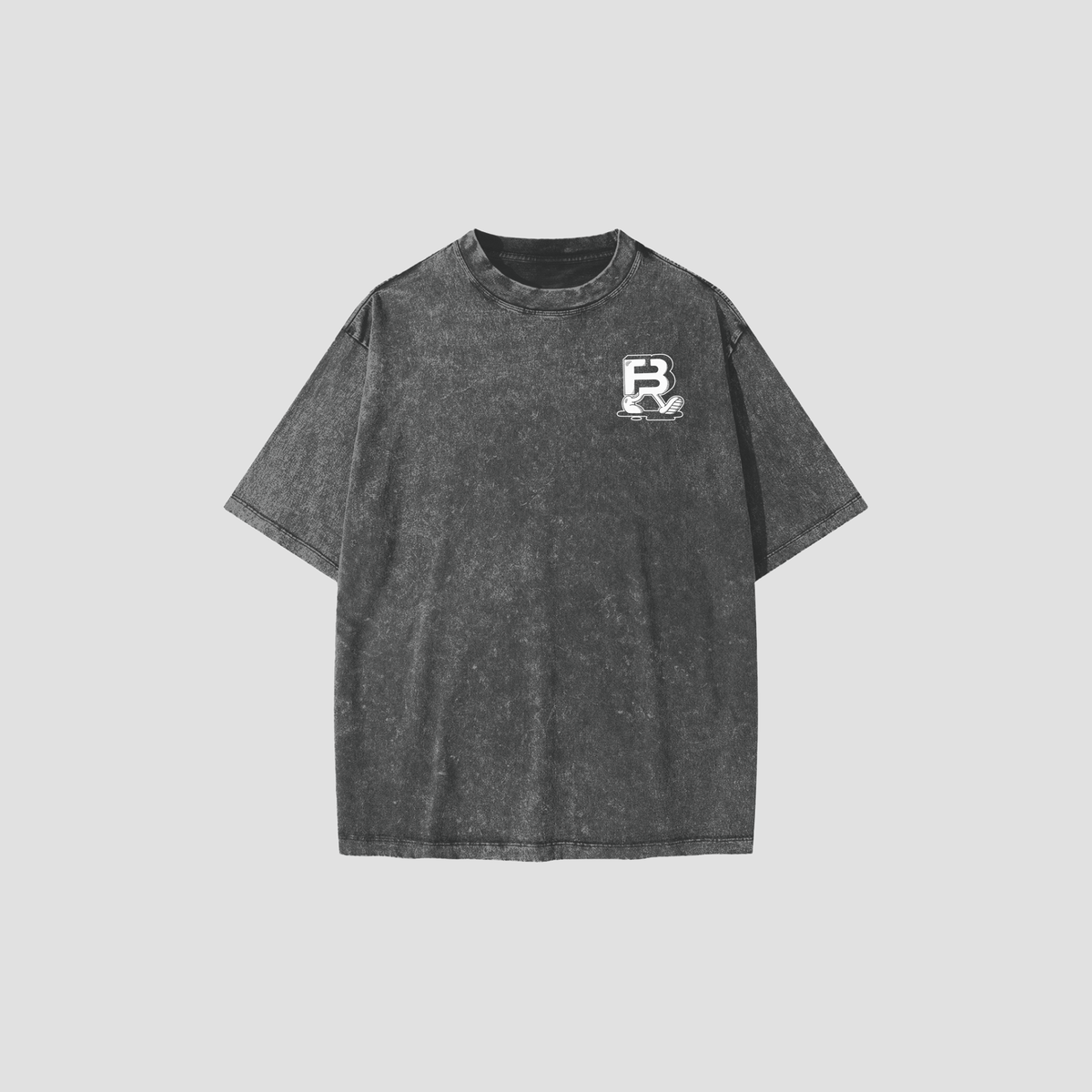 A dark gray acid-wash t-shirt with a small white graphic logo on the left chest, displayed against a solid light gray background.