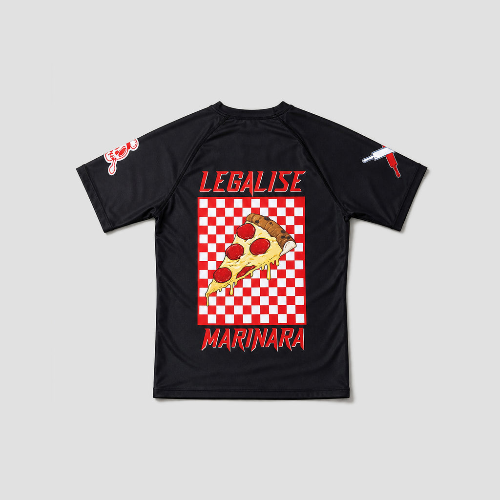 A black short-sleeve t-shirt with a red and white checkered graphic on the front featuring a slice of pepperoni pizza and the text 'LEGALISE MARINARA' in red. The shirt also has small red and white graphics on both sleeves, shown against a light gray background.