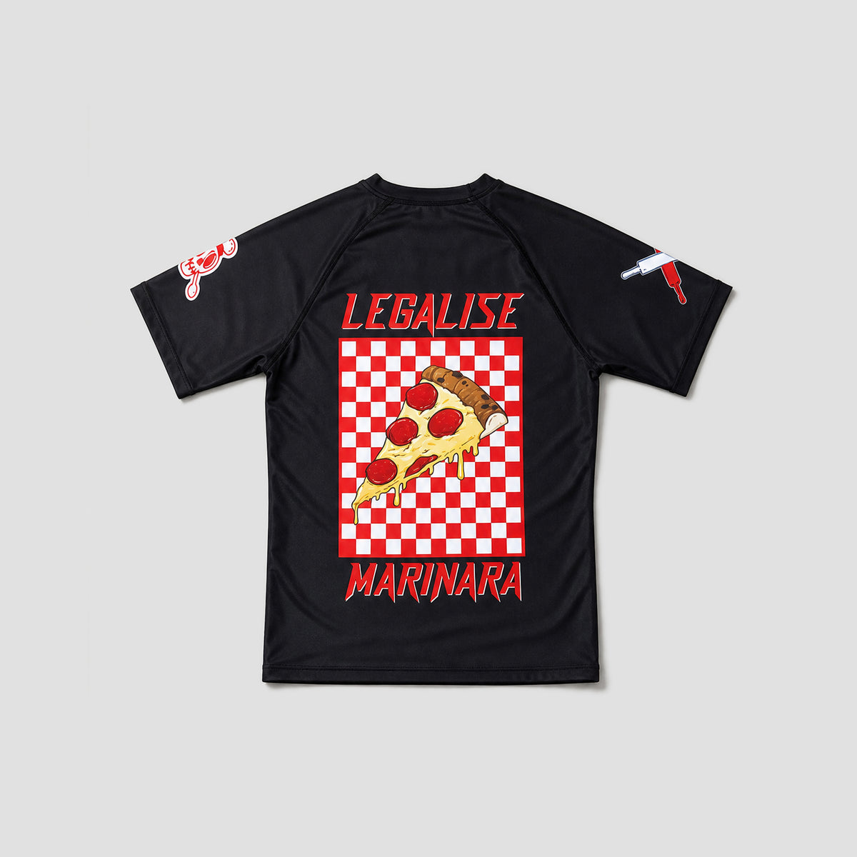 A black short-sleeve t-shirt with a red and white checkered graphic on the front featuring a slice of pepperoni pizza and the text 'LEGALISE MARINARA' in red. The shirt also has small red and white graphics on both sleeves, shown against a light gray background.