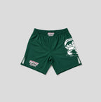 Dark green athletic shorts with white and pink 'FRESHLY BAKED' graphics, including a large mascot graphic on the left leg and a smaller logo on the right leg, shown against a solid gray background.