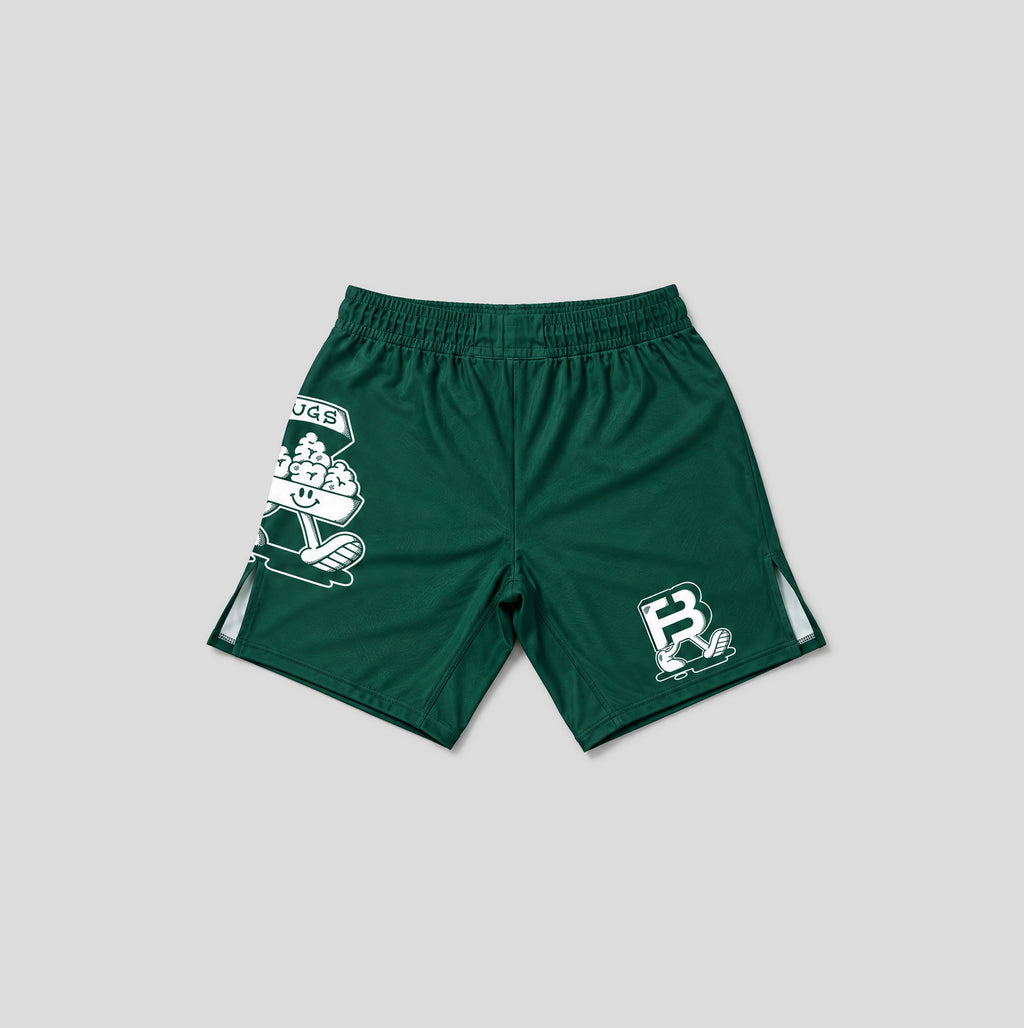 Dark green athletic shorts with white printed graphics, including a large graphic on the left leg and a stylized 'FB' logo on the right leg, shown against a solid gray background.
