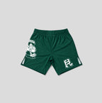 Dark green athletic shorts with white printed graphics, including a large graphic on the left leg and a stylized 'FB' logo on the right leg, shown against a solid gray background.
