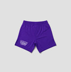 Purple athletic shorts with an elastic waistband and a white graphic logo on the left leg, displayed against a light gray background.