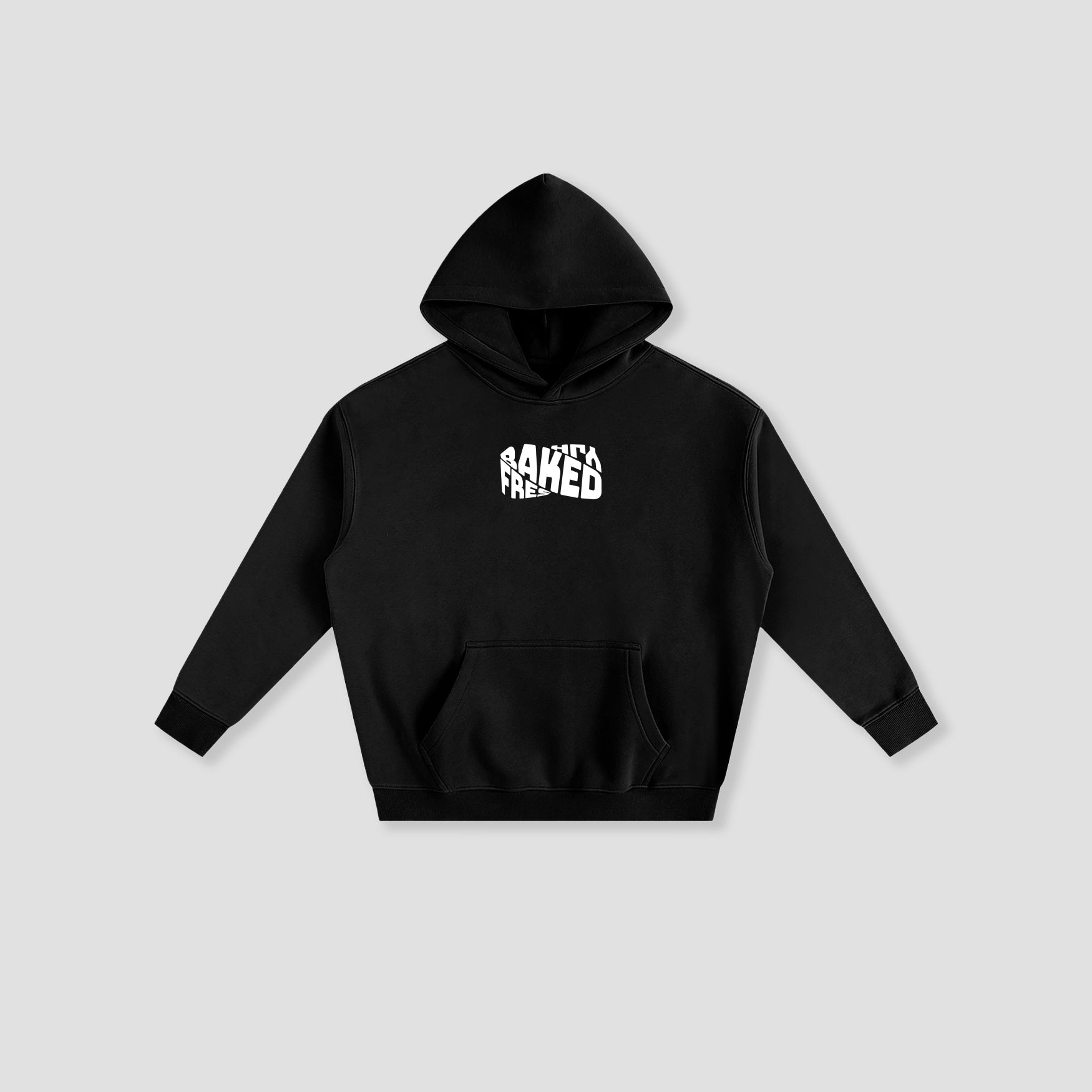 A black pullover hoodie with a white graphic text print reading 'freshly baked' on the chest, displayed against a solid light gray background.