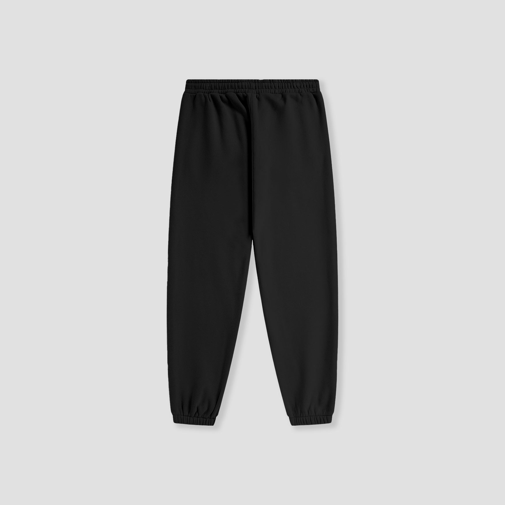 Black jogger pants with an elastic waistband and elastic cuffs, shown flat against a light gray background.
