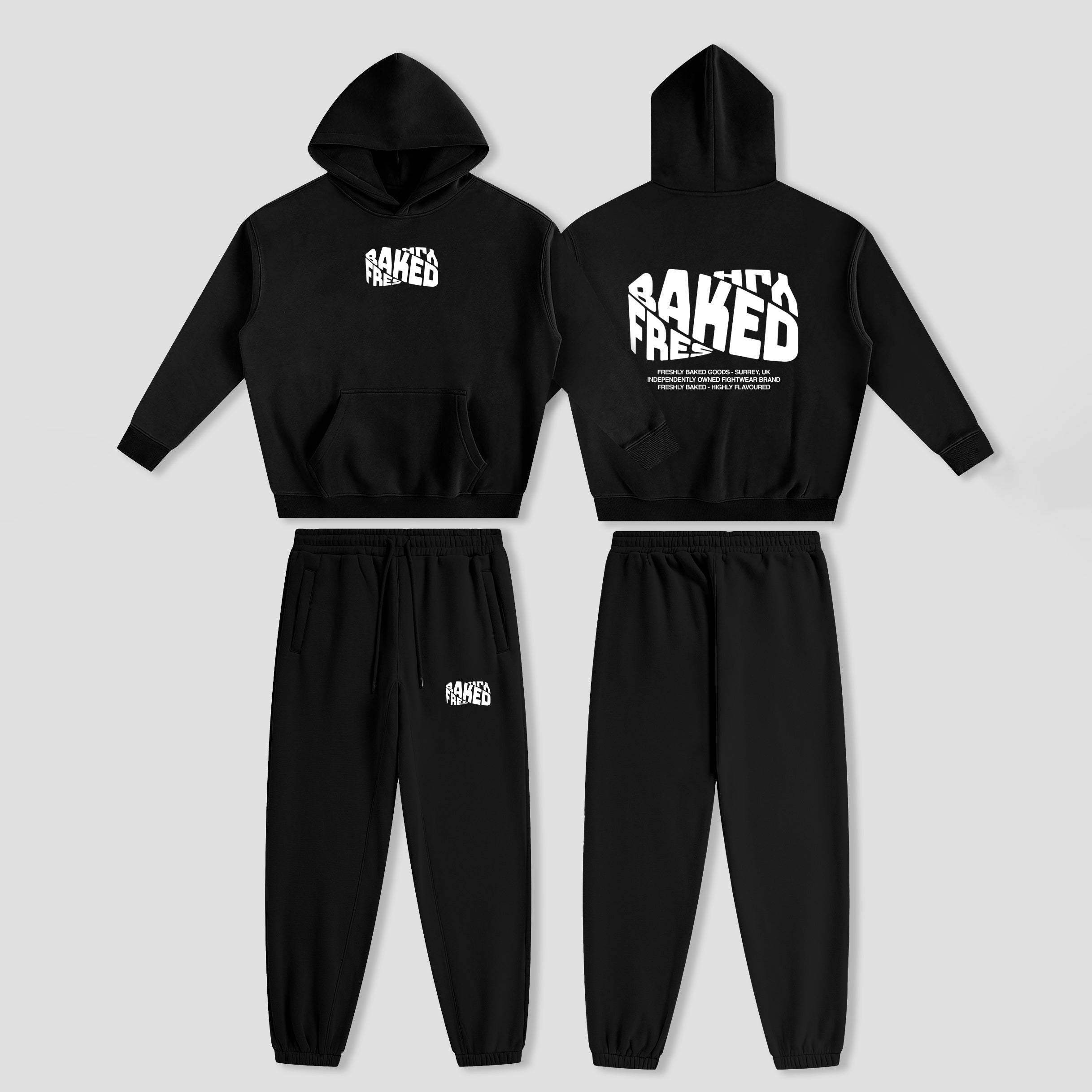 A black two-piece tracksuit set shown from both front and back views, including a cropped hoodie with white graphic text and matching jogger pants, displayed on a light gray background.