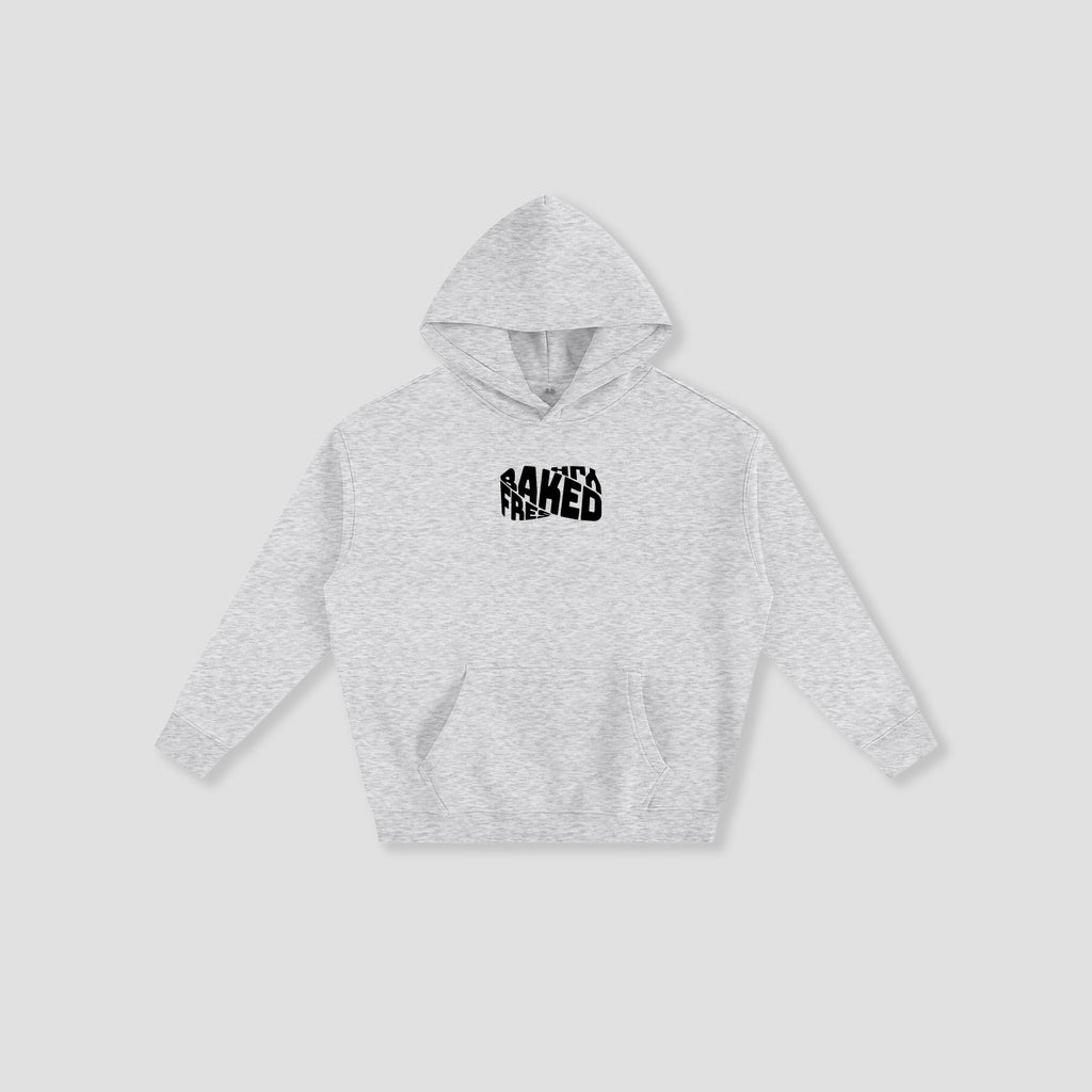 A light heather gray pullover hoodie with a black distressed graphic on the chest reading 'FRESHLY BAKED', displayed flat against a light gray background.