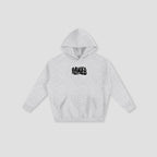 A light heather gray pullover hoodie with a black distressed graphic on the chest reading 'FRESHLY BAKED', displayed flat against a light gray background.
