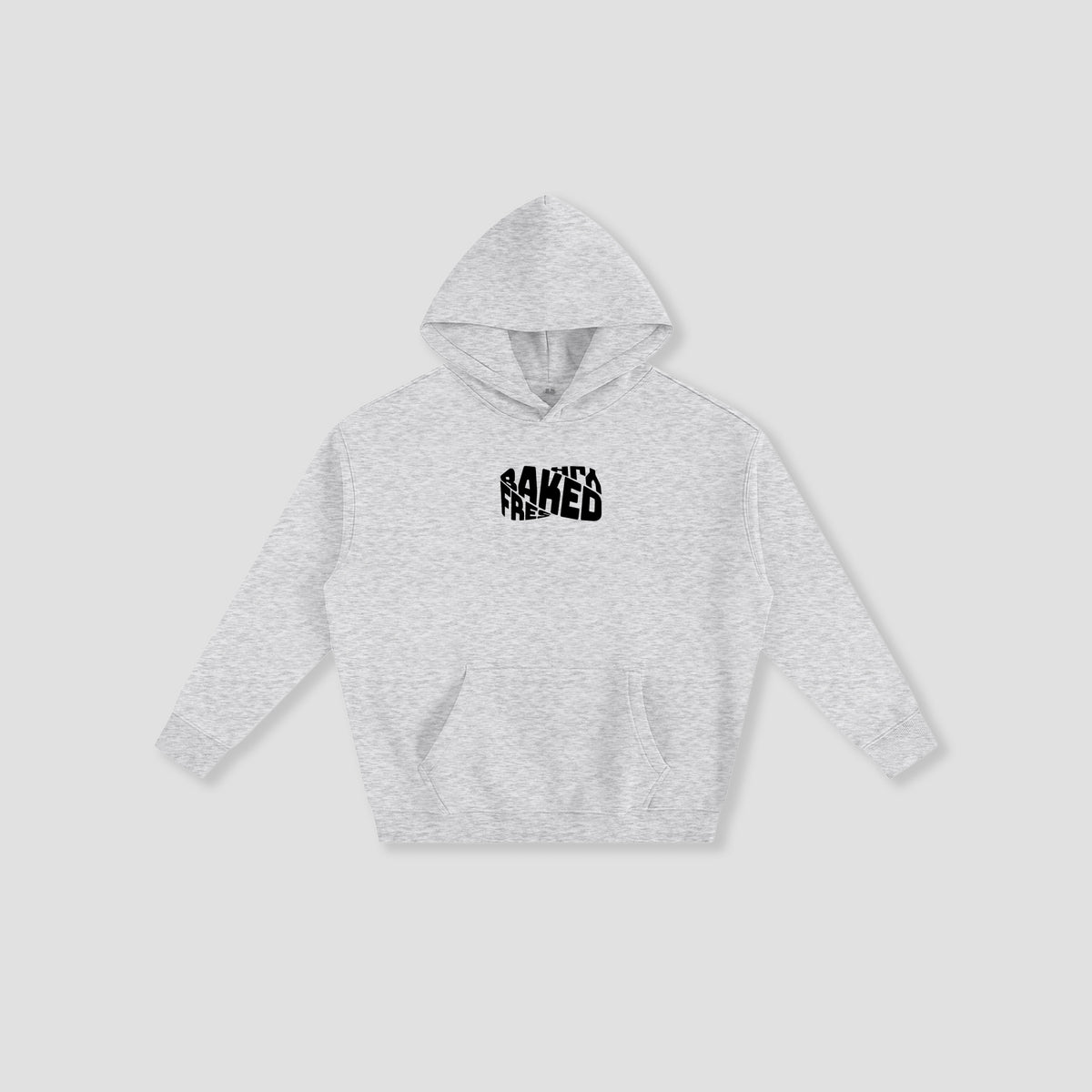 A light heather gray pullover hoodie with a black distressed graphic on the chest reading 'FRESHLY BAKED', displayed flat against a light gray background.