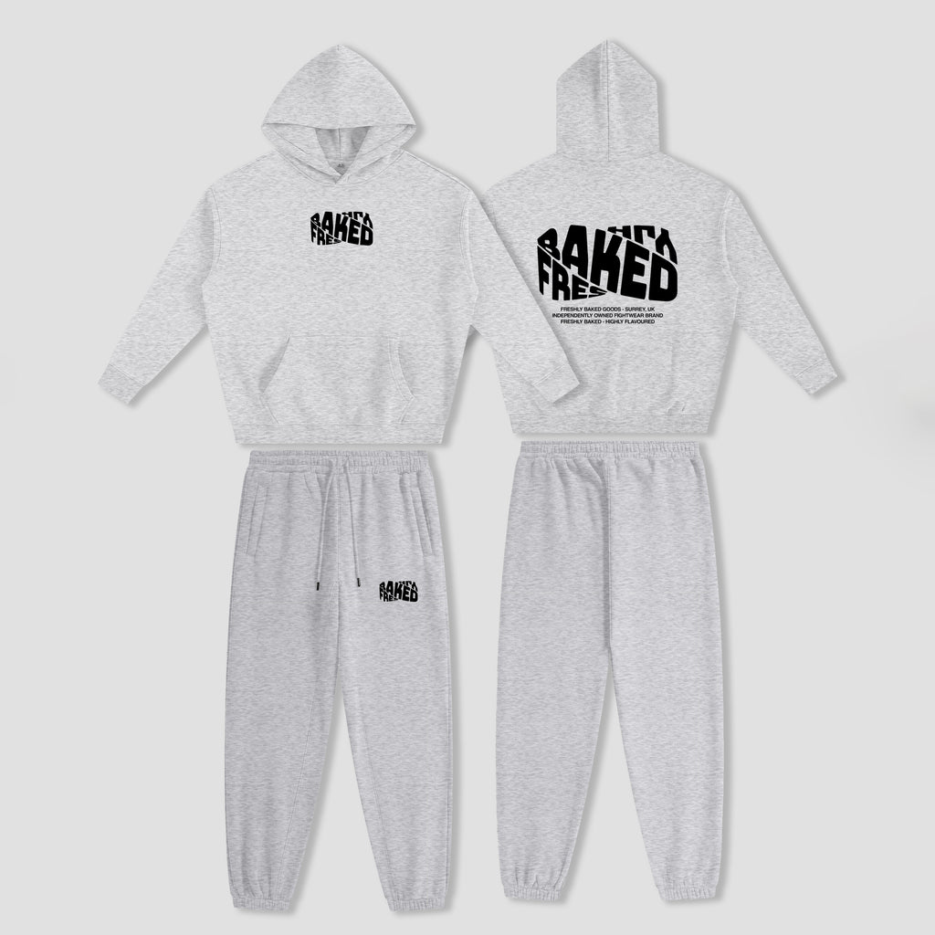 A two-piece kids' tracksuit shown from both front and back views. The set consists of a light heather gray hooded sweatshirt and matching jogger pants.