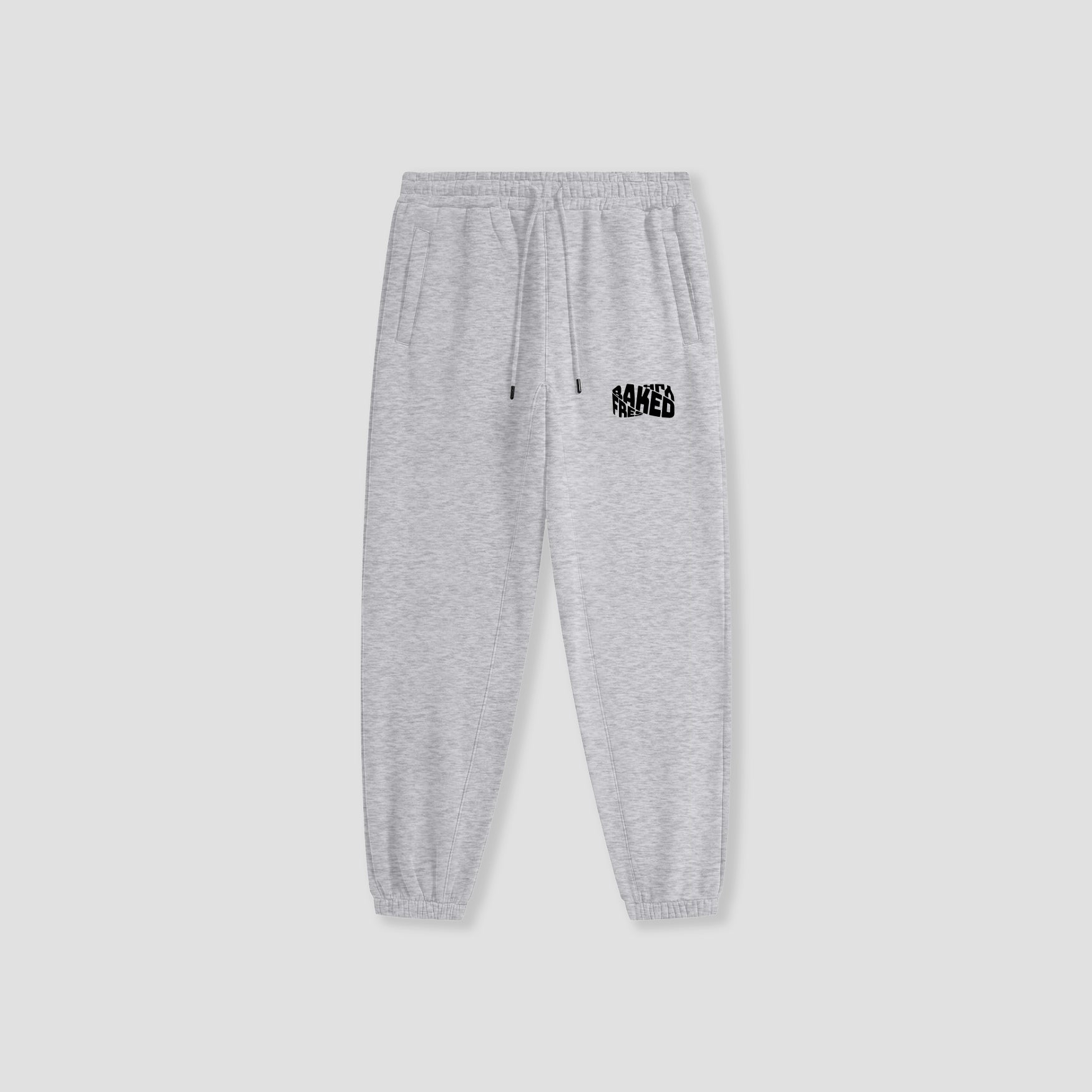 Light gray heather sweatpants with a black 'Freshly Baked' logo on the left thigh, featuring an elastic waistband with drawstrings and elastic cuffs, shown against a light gray background.