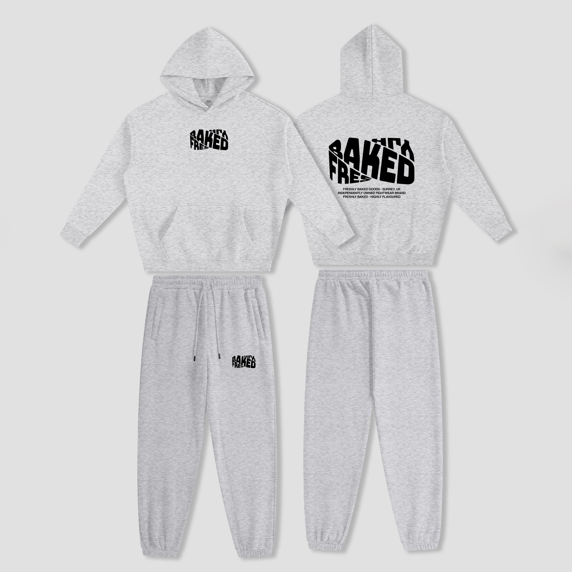 A two-piece kids' tracksuit shown from both front and back views. The set consists of a light heather gray hooded sweatshirt and matching jogger pants.