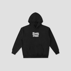 A black pullover hoodie with a white gothic-style 'Freshly Baked' graphic printed on the chest, displayed against a solid light gray background.