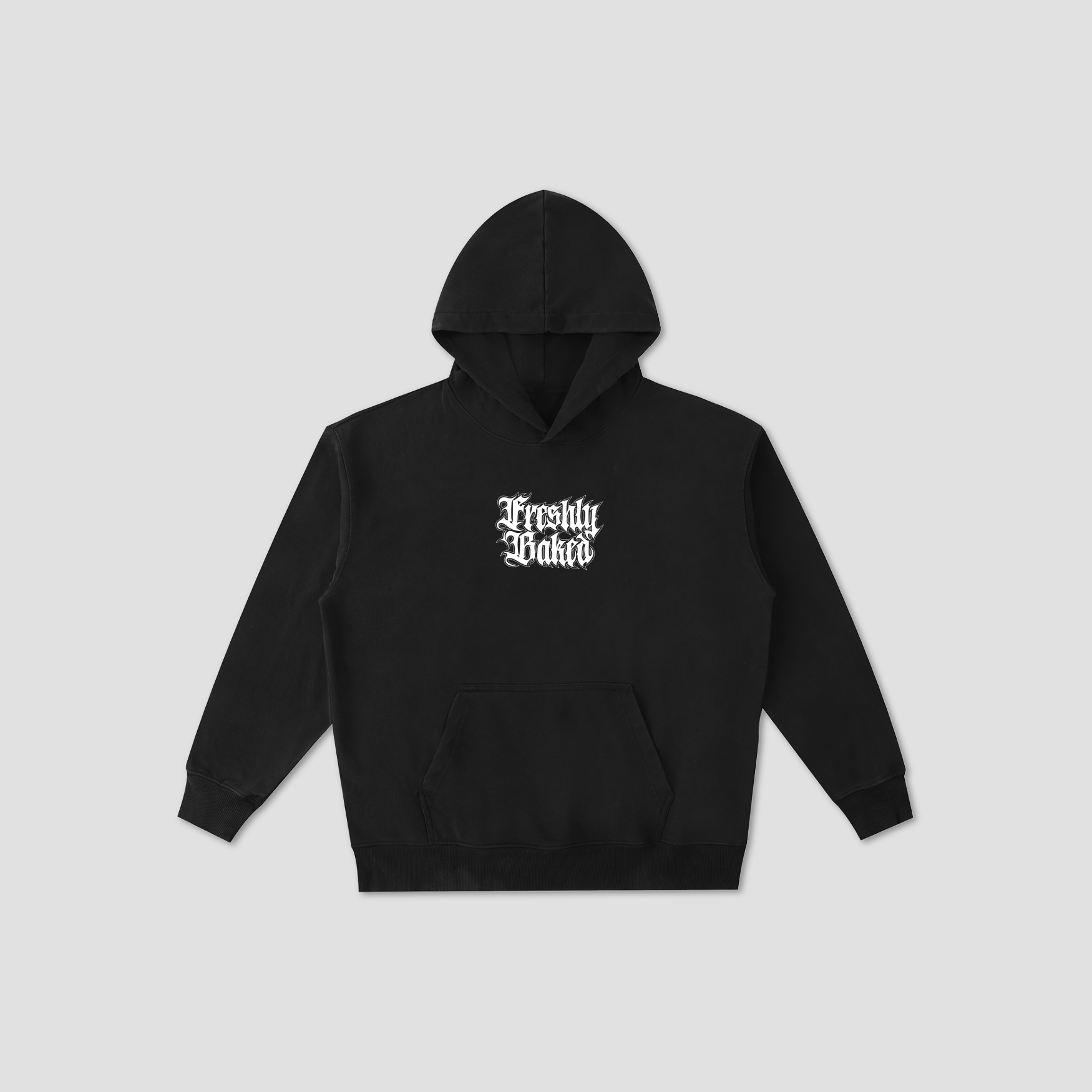 A black pullover hoodie with a white gothic-style 'Freshly Baked' graphic printed on the chest, displayed against a solid light gray background.