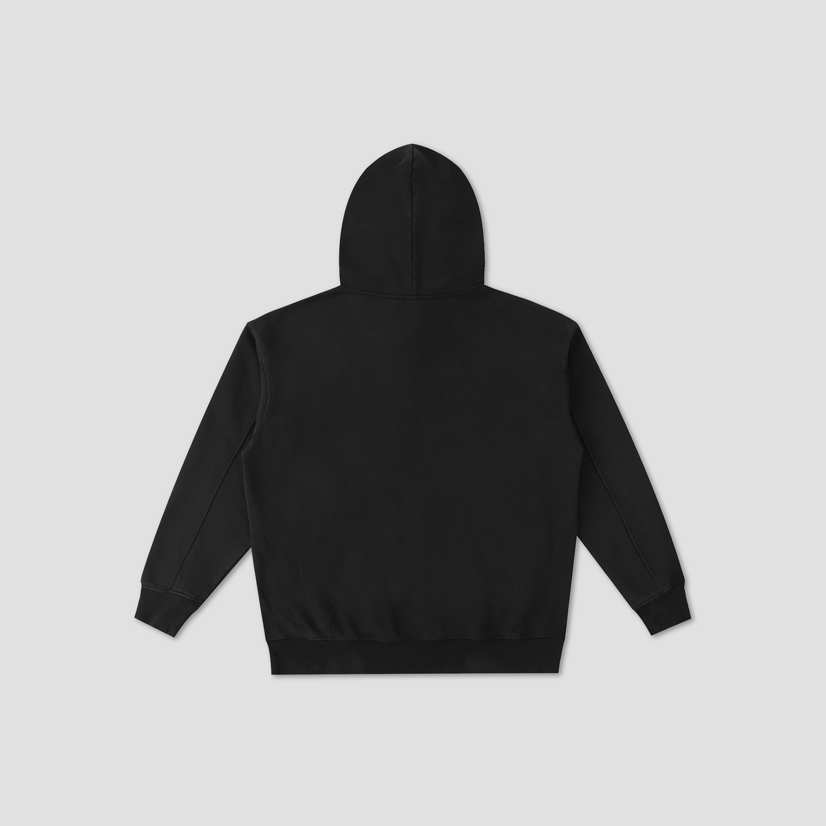 A black pullover hoodie shown from the back, laid flat against a light gray background.