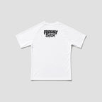 A white short-sleeve t-shirt shown from the back, featuring a black distressed graphic print that reads 'FRESHLY BAKED' across the upper back, set against a solid light gray background.