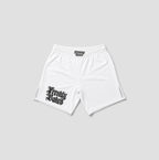 White athletic shorts with a black gothic 'Freshly Baked' logo printed on the left leg, displayed on a light gray background.