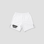 White athletic shorts with an elastic waistband, featuring a black distressed 'FRESHLY BAKED' graphic on the lower left leg and side cutout details, shown against a light gray background.
