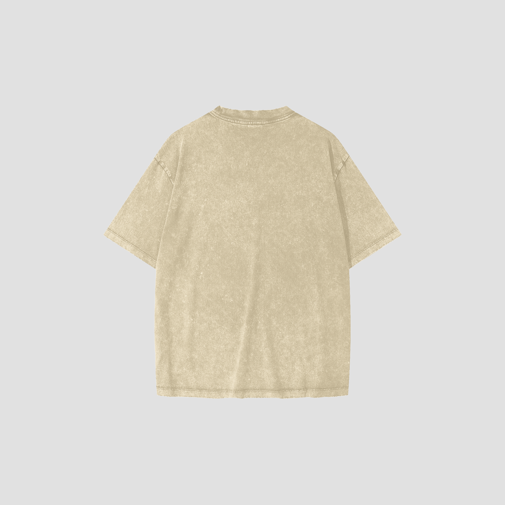 A short-sleeve crewneck t-shirt with a light beige mineral wash texture, shown from the back on a solid light gray background.