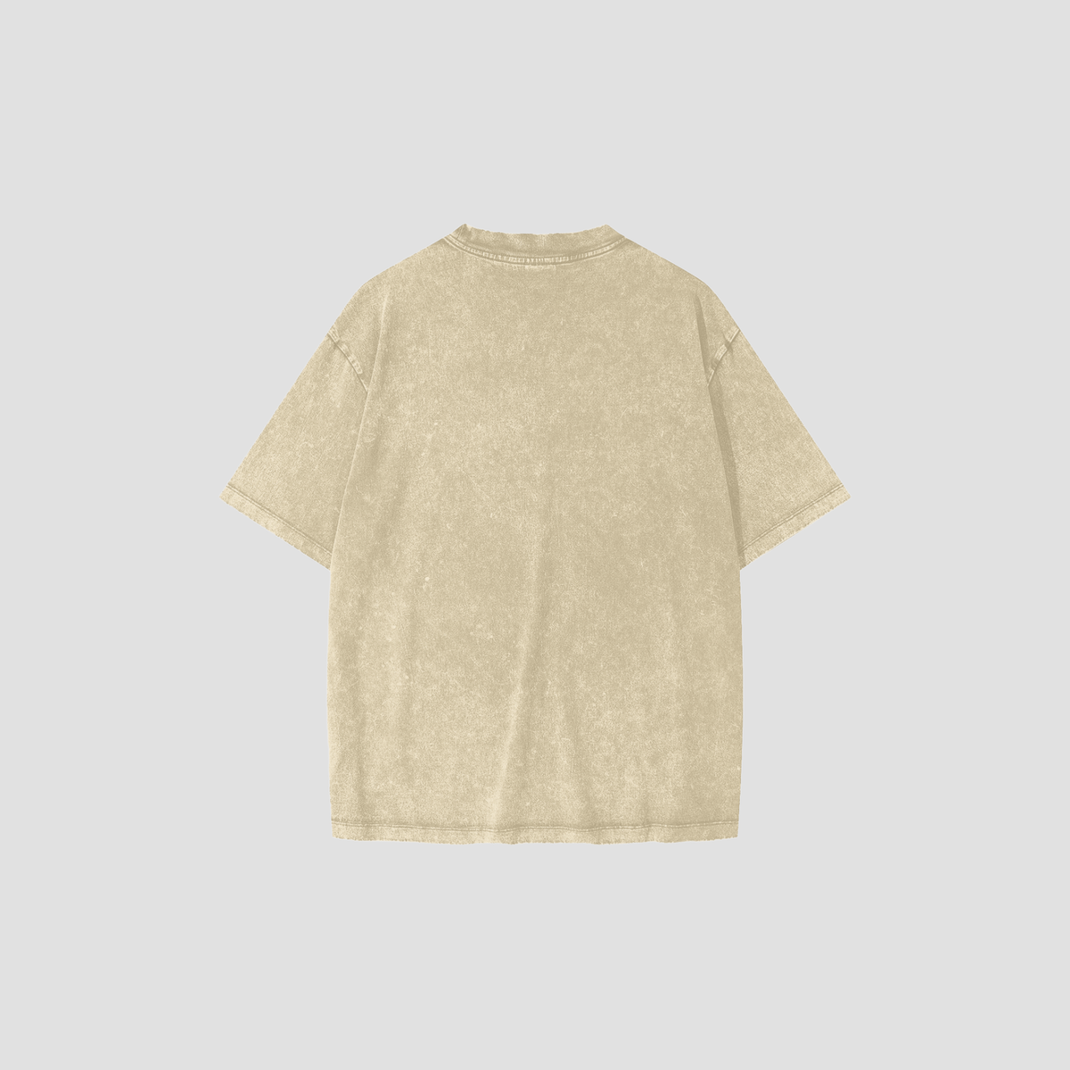 A short-sleeve crewneck t-shirt with a light beige mineral wash texture, shown from the back on a solid light gray background.
