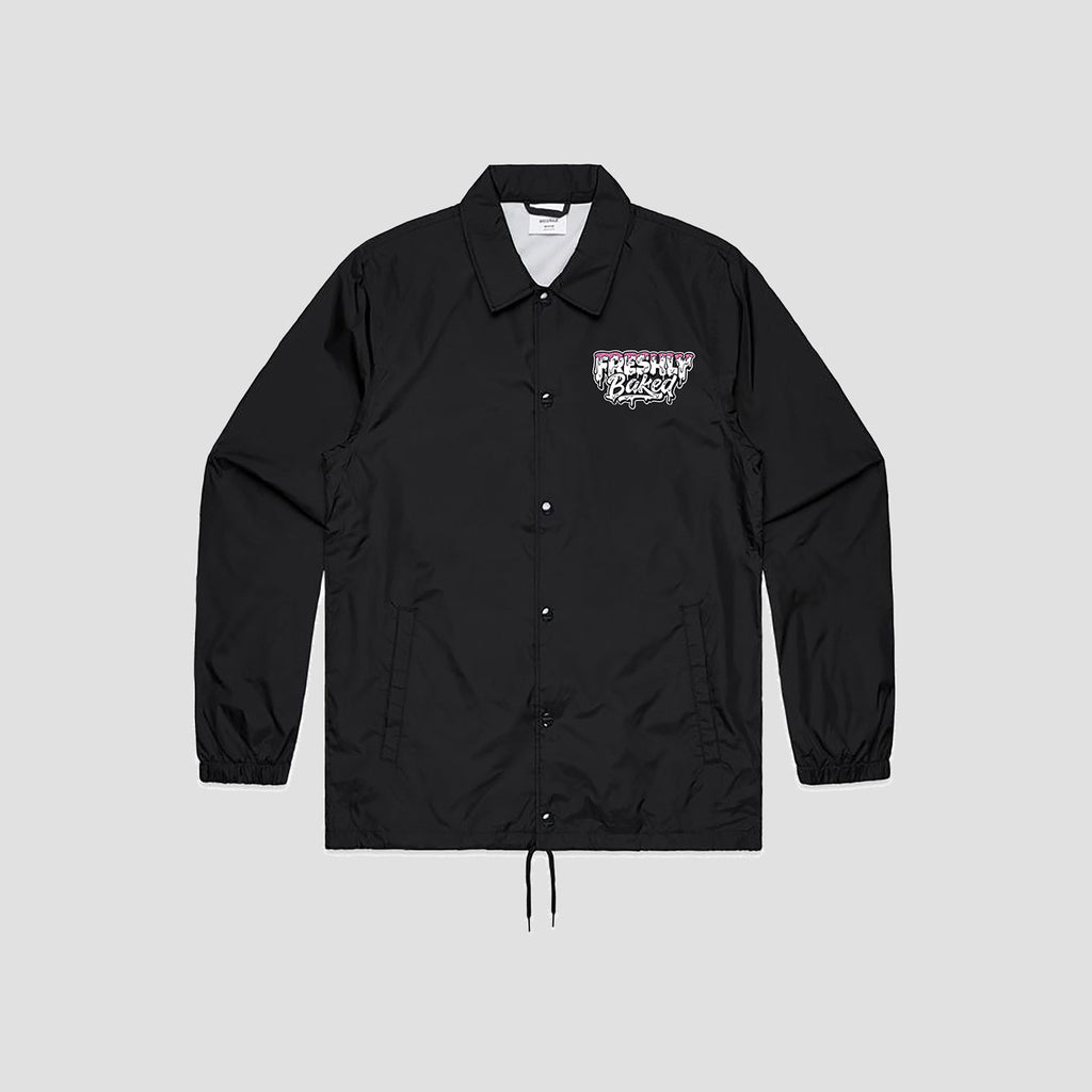 A black coach jacket with a white and pink 'Freshly Picked' graphic on the left chest, displayed flat against a light gray background.