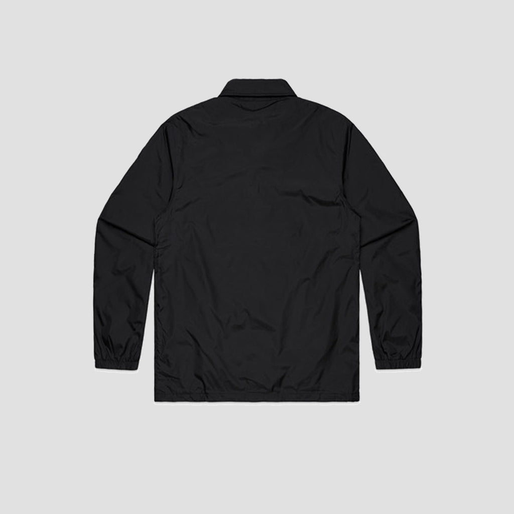 A black long-sleeve jacket shown from the back, laid flat against a light gray background.