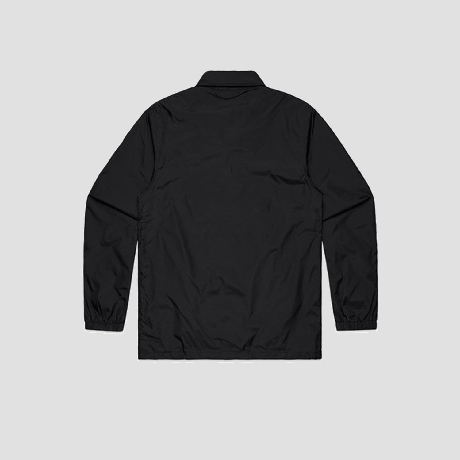 A black long-sleeve jacket shown from the back, laid flat against a light gray background.