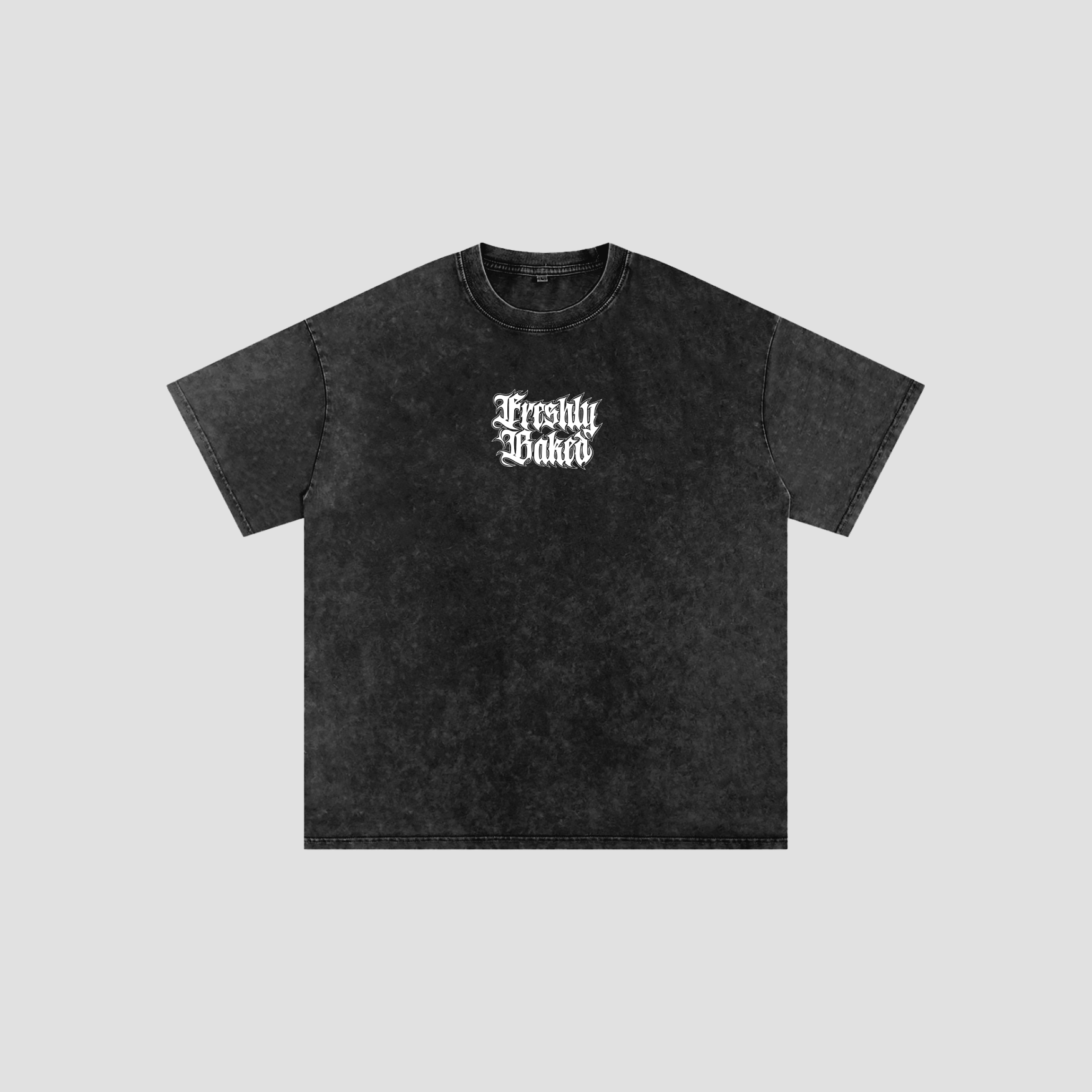 A black acid-wash t-shirt with a white Gothic-style 'Freshly Washed' graphic on the chest, displayed flat against a light gray background.