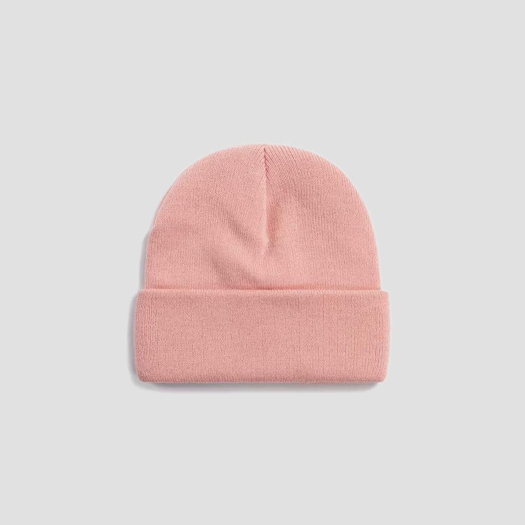 A light pink knit beanie hat with a folded cuff, centered on a light gray background.
