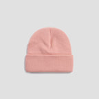 A light pink knit beanie hat with a folded cuff, centered on a light gray background.