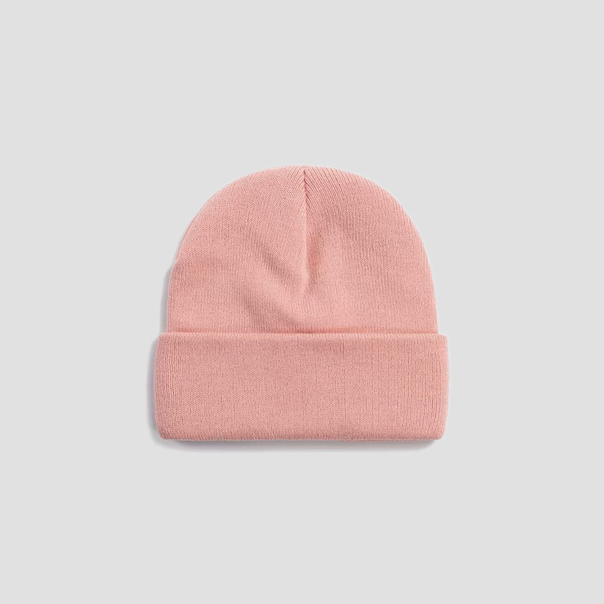 A light pink knit beanie hat with a folded cuff, centered on a light gray background.