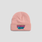 A light pink knit beanie hat with a folded cuff featuring a colorful 'Freshly Baked' graffiti-style embroidered logo, shown against a solid light gray background.