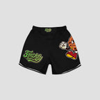 Black athletic shorts featuring a green 'Freshly Baked' logo on the left leg, a cartoon chili pepper graphic on the right leg, and white piping along the hem, shown against a light gray background.