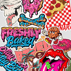 A collage of colorful sticker designs featuring donuts, pizza slices, a cartoon cookie, lips with gummy bears, skulls, and bold text including 'Freshly Baked'
