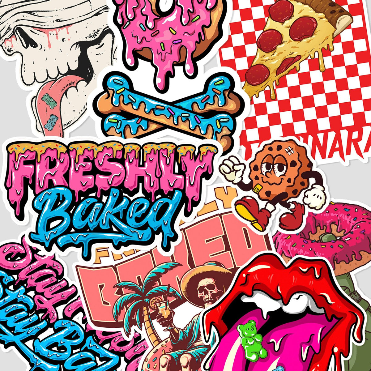 A collage of colorful sticker designs featuring donuts, pizza slices, a cartoon cookie, lips with gummy bears, skulls, and bold text including 'Freshly Baked'